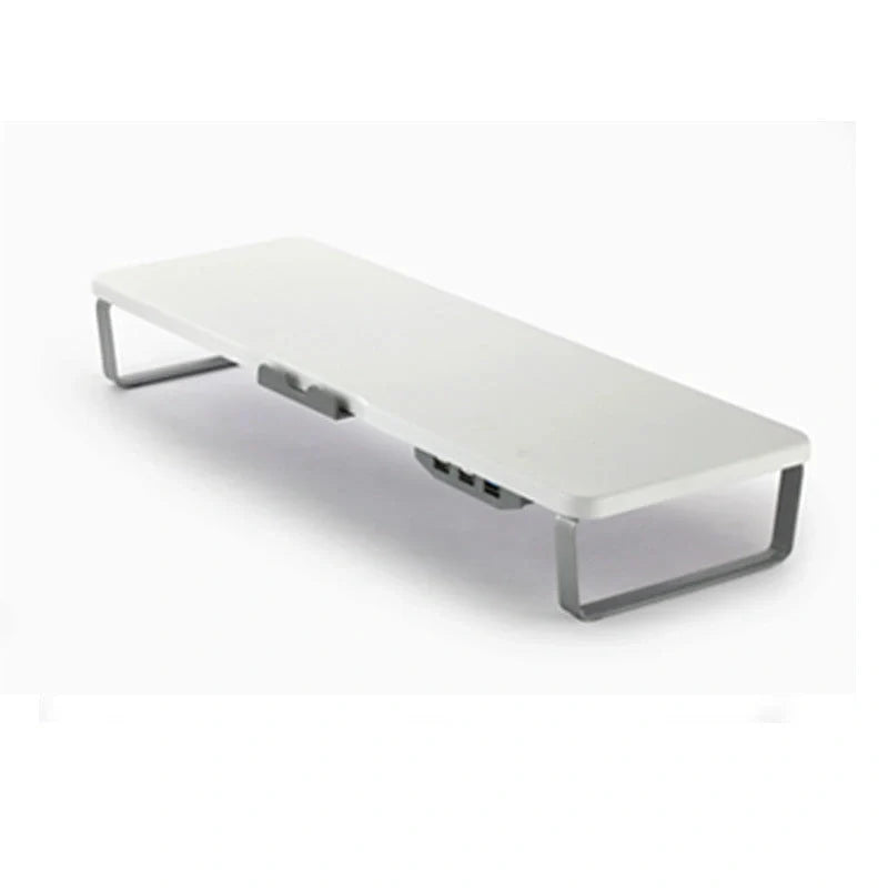 Ergonomic monitor holder riser with USB ports and cell phone holder in dark wood finish