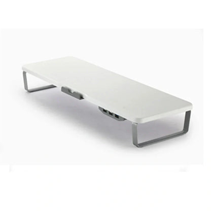 Ergonomic monitor holder riser with USB ports and cell phone holder in dark wood finish