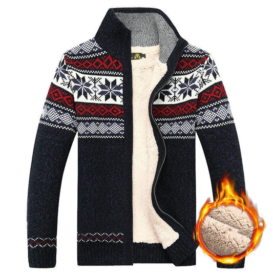 Cozy and stylish velvet winter cardigan for men, available in blue, white, red, and grey colors