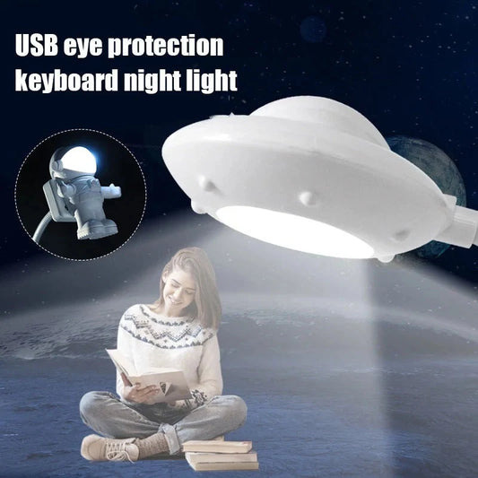 USB Astronaut LED Night Light with flying saucer design, white color, compact size