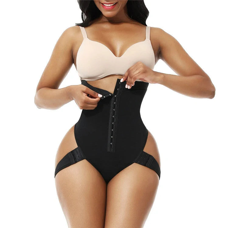 Seamless butt lifter control panties in black and skin tone, high-waist design for shaping and support