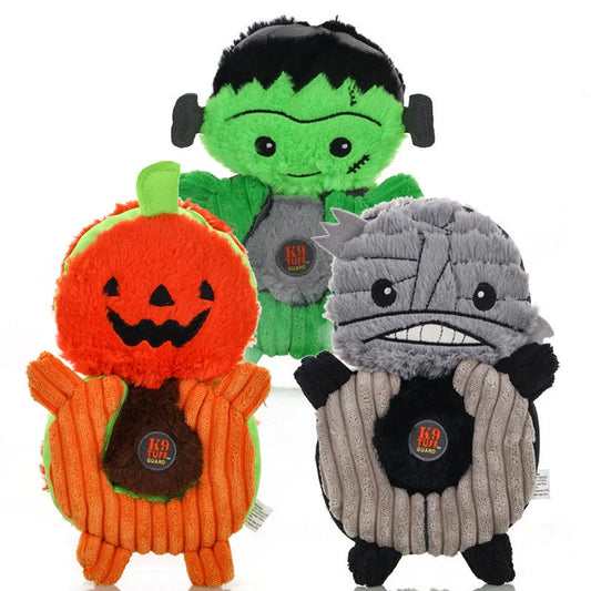 Halloween-themed plush dog toys with squeak features in grey, orange, and green