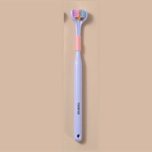 Soft bristle toothbrush with 3-sided brush head for thorough dental cleaning