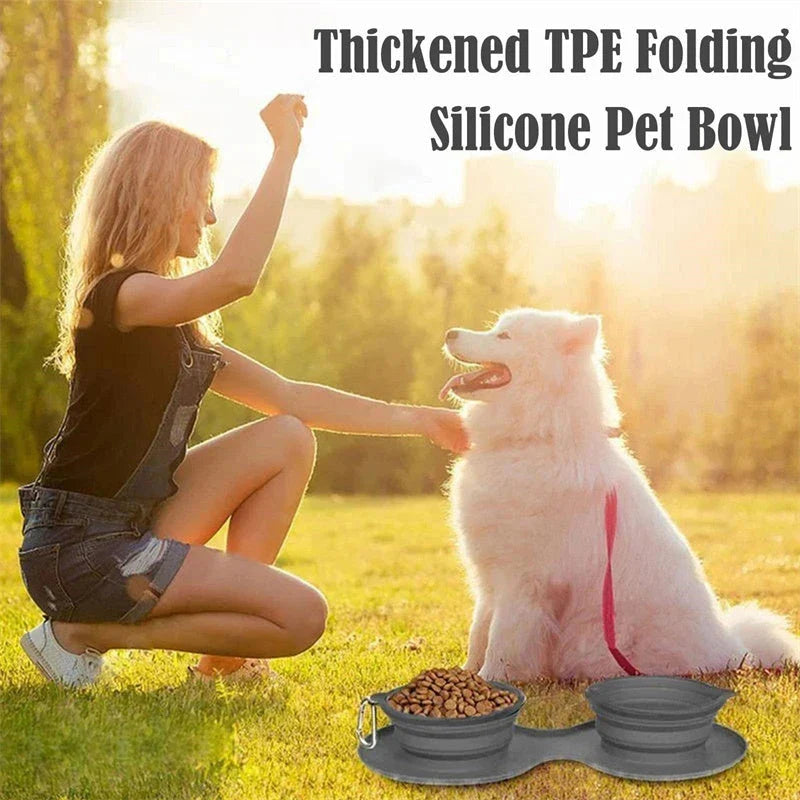 Collapsible pet bowls made of durable silicone with dual compartments and spill-resistant design for dogs and cats