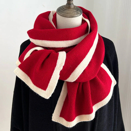 Knitted wool scarf with colourful borders, perfect for winter fashion