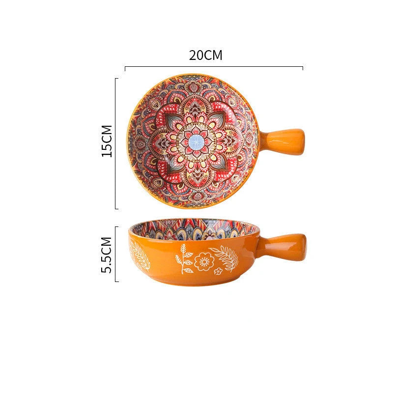 Set of elegant ceramic dessert bowls featuring hand-painted floral patterns in blue, red, and green glazes