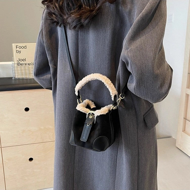 Retro plush crossbody bag for women in black, brown, coffee, and khaki