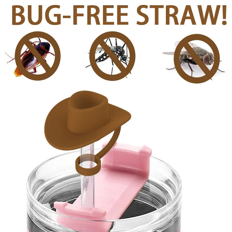 Premium straw covers in charming cowboy hat design, made of food-grade silicone for durable and reusable protection of your drinks