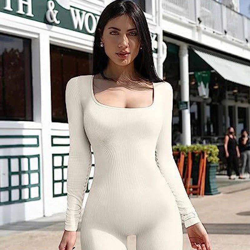 Stylish high-waist yoga jumpsuit with square collar, available in a variety of trendy colors