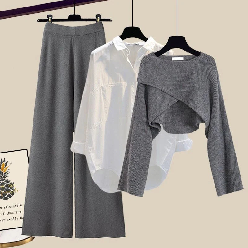 Women's 3-piece knitted sweater suit with shirt and wide leg pants in grey and white