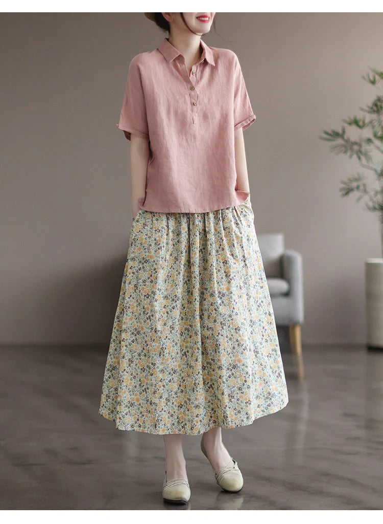 Artistic Floral Washed Cotton Skirt with little yellow and blue flowers, urban leisure style