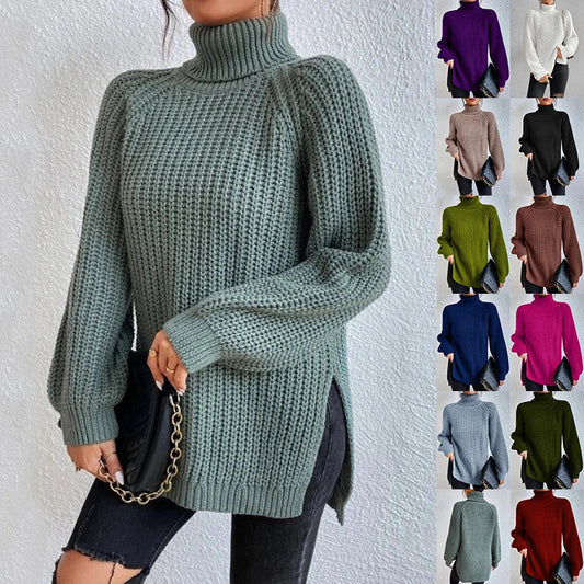 A stylish turtleneck pullover sweater with a unique split design, available in a variety of classic colours and sizes.