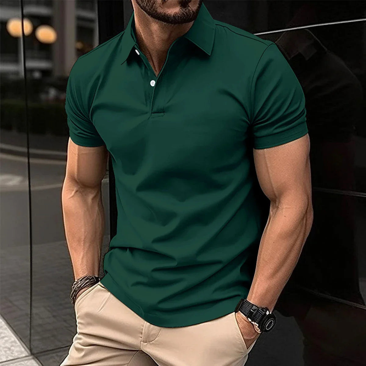 Premium Short Sleeve Polo Shirt for Men in Solid Color with Button Lapel Design