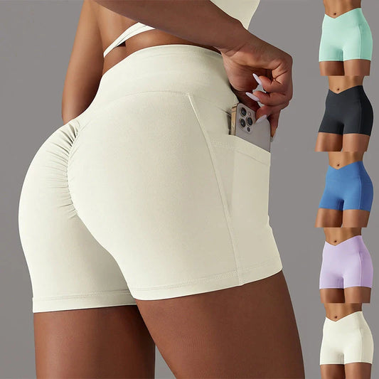 Women's yoga shorts with phone pocket in various colours