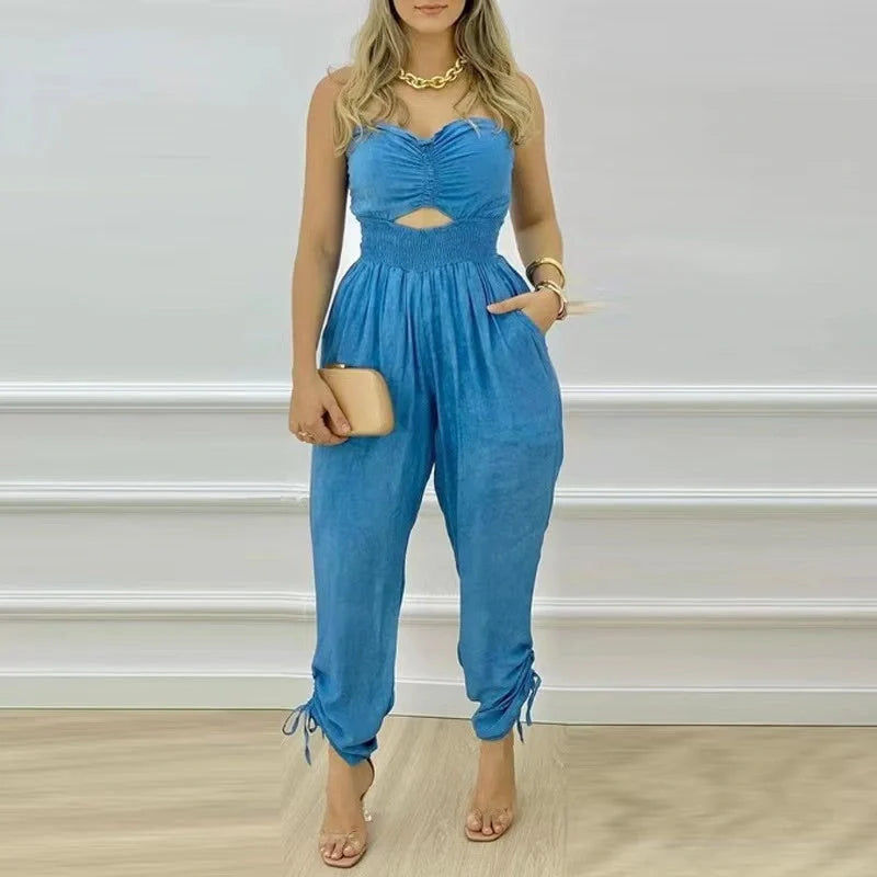 Women's sleeveless denim jumpsuit with tube top design in classic blue