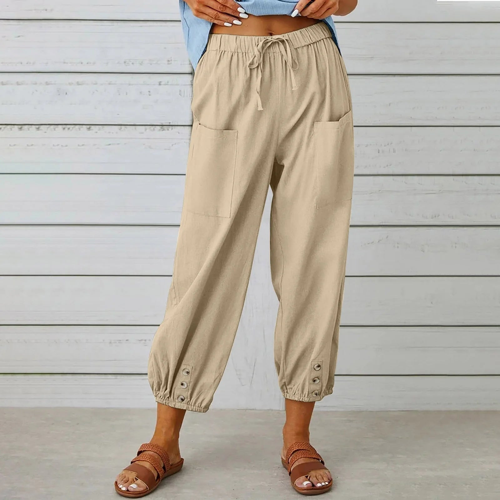 Women's cotton and linen drawstring tie pants with pockets, available in multiple colours and sizes.