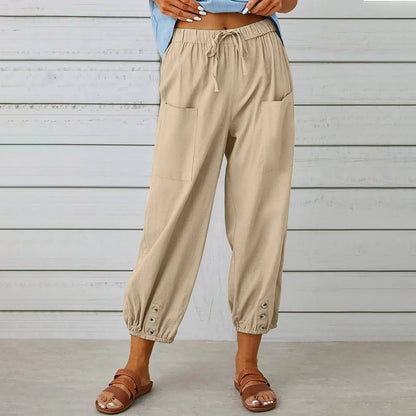 Women's cotton and linen drawstring tie pants with pockets, available in multiple colours and sizes.