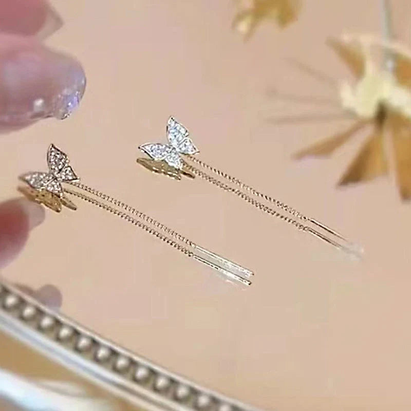 Elegant 925 Sterling Silver Butterfly Tassel Earrings with Delicate Design and Cascading Tassels
