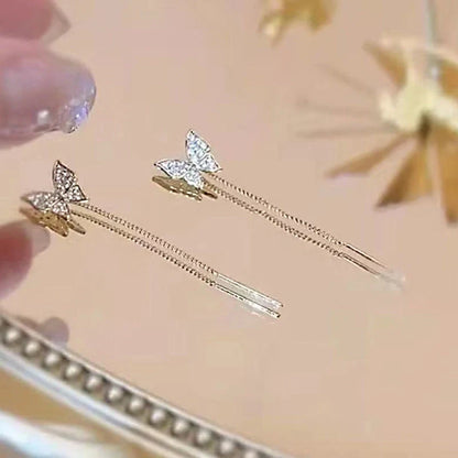 Elegant 925 Sterling Silver Butterfly Tassel Earrings with Delicate Design and Cascading Tassels