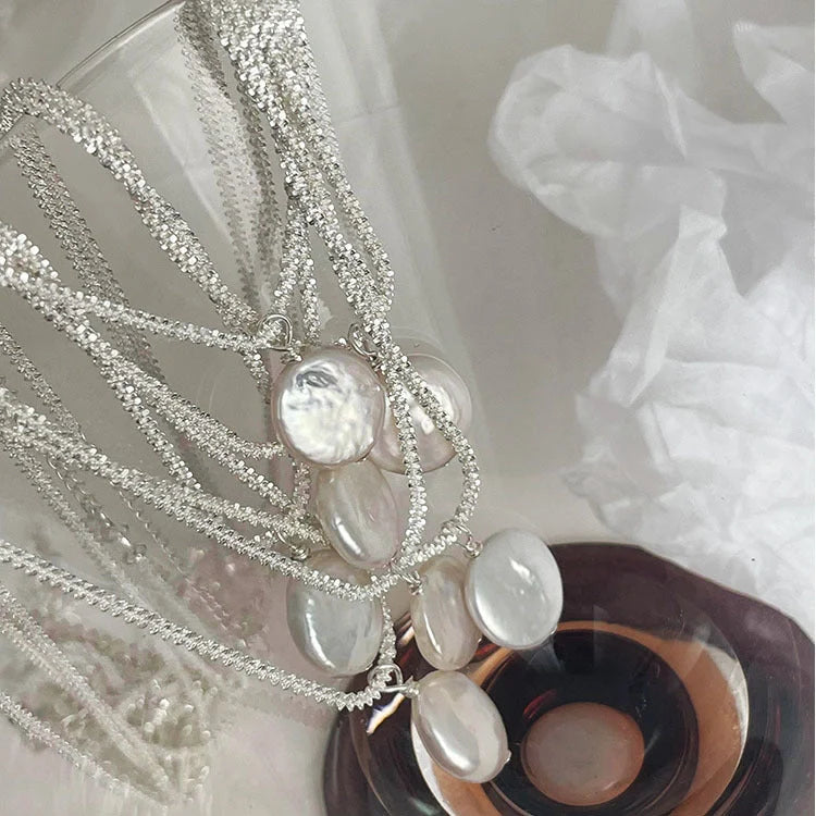 Elegant S925 Sterling Silver Baroque Pearl Necklace with starry sky chain