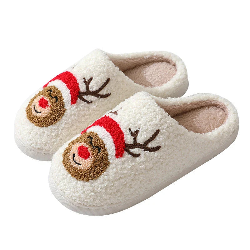 Cozy Christmas slippers in festive designs like Santa Claus, Moose, and Gingerbread Man, featuring plush lining and durable soles