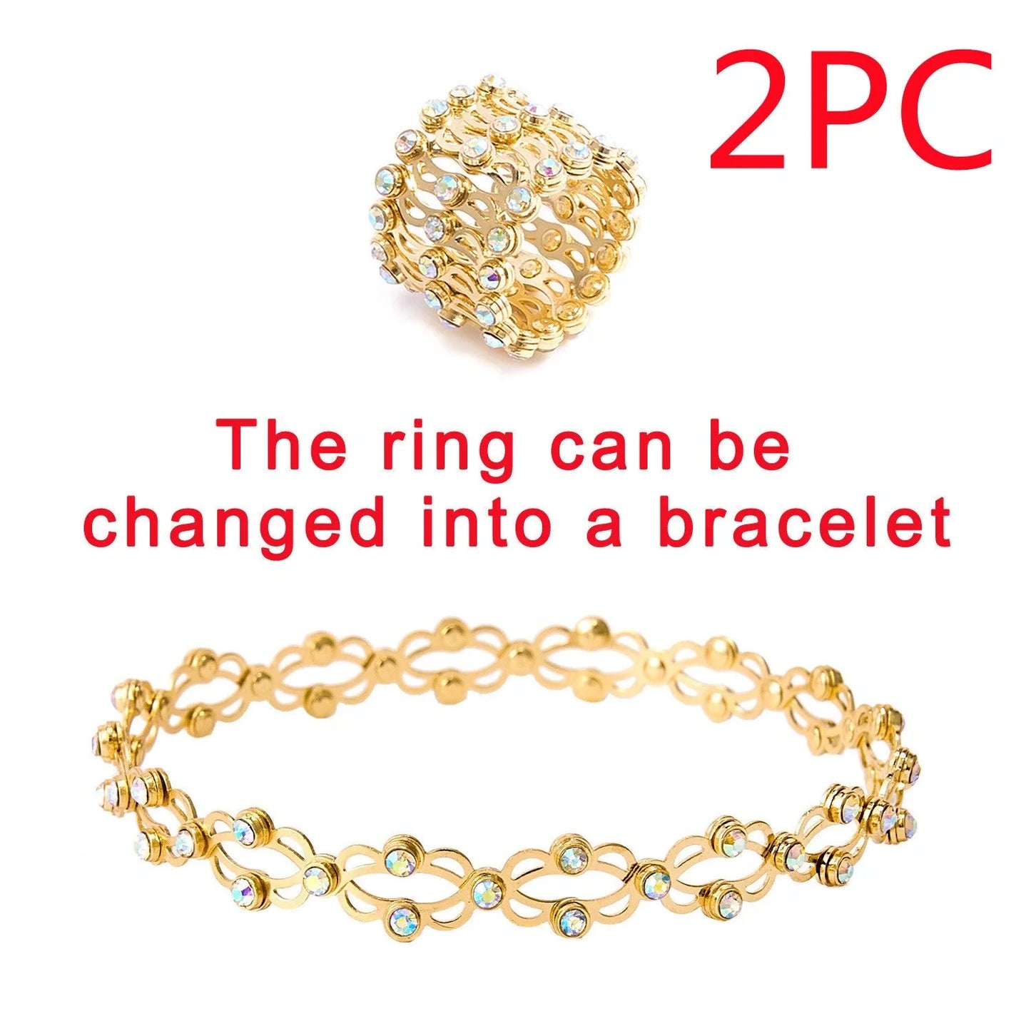 2-in-1 folding retractable rings bracelet with rhinestone detail, adjustable design