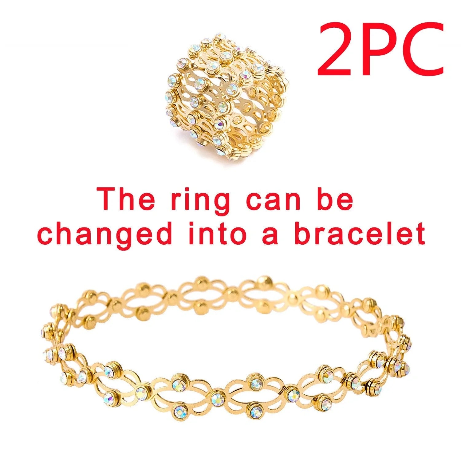 2-in-1 folding retractable rings bracelet with rhinestone detail, adjustable design