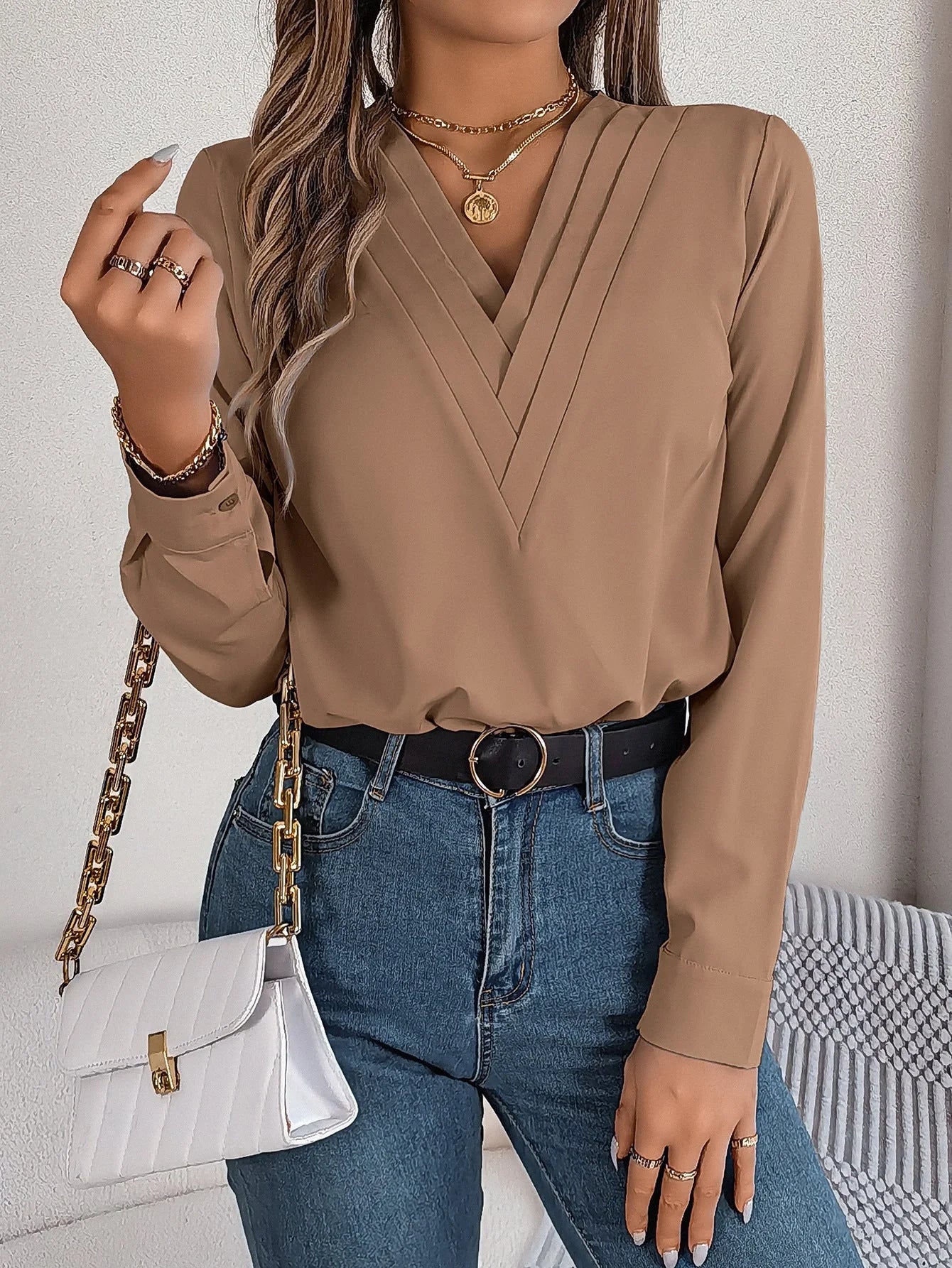 Elegant V-neck long sleeve blouse for women in various colours