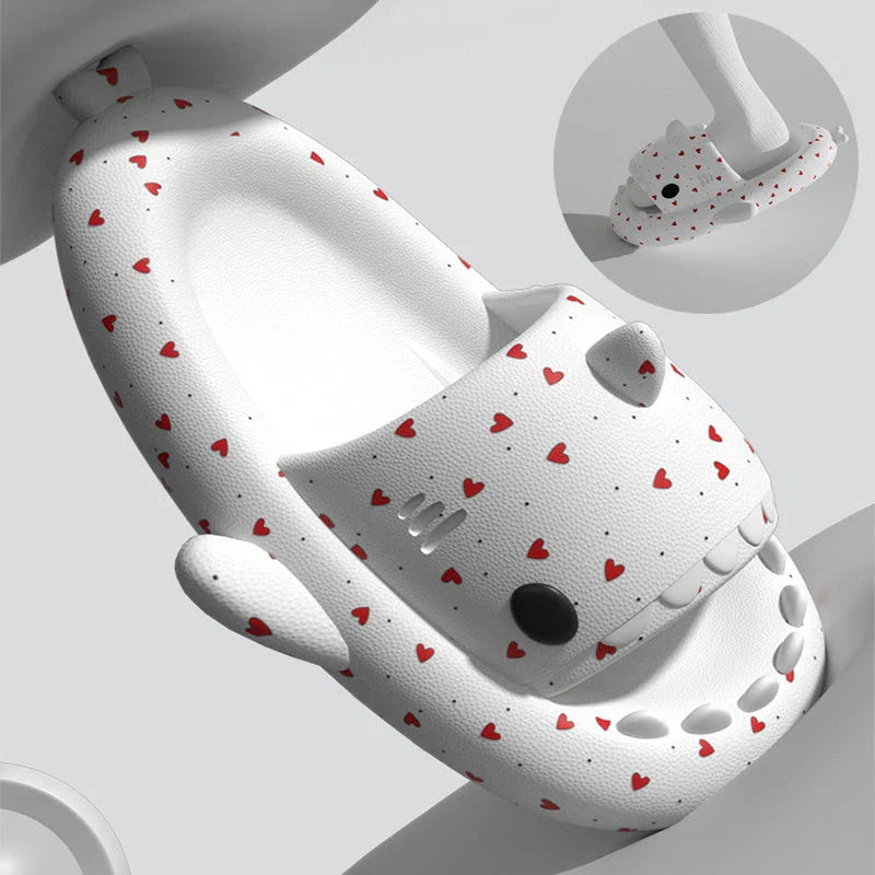 Cute shark-themed slippers with heart print design in various vibrant colors