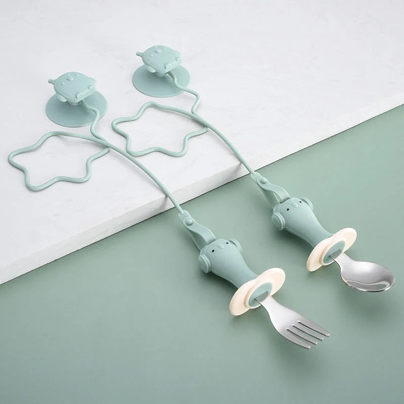 Stainless steel infant training spoon and fork set with silicone anti-drop chain and suction cup