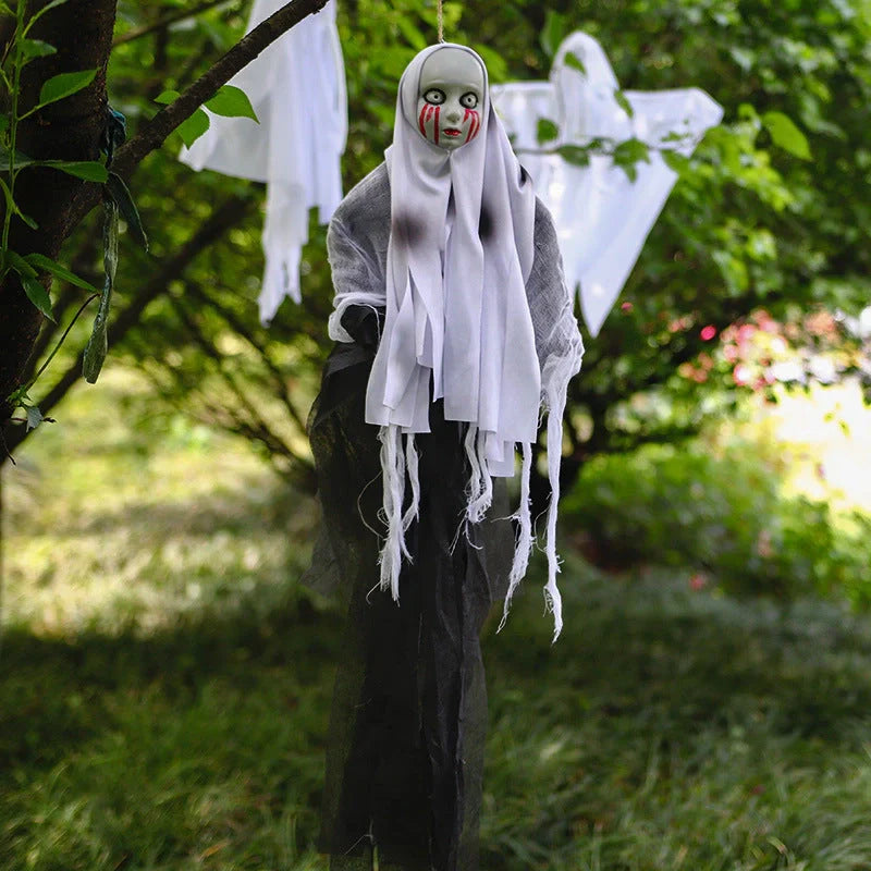 Skeleton Hanging Ghost Halloween Decoration floating eerily in the wind