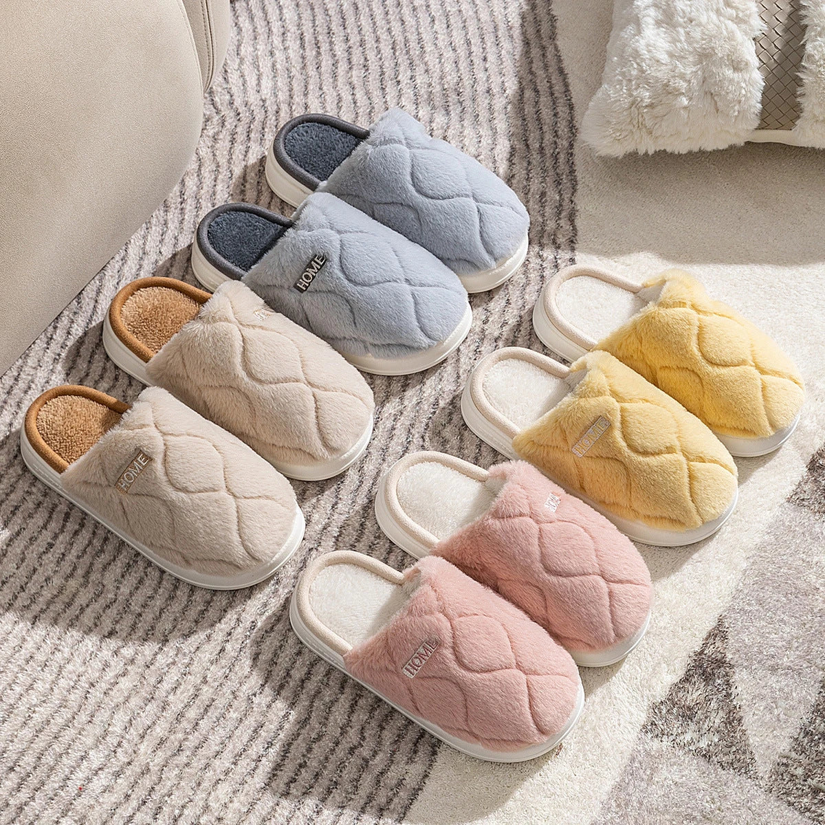Plush slippers with soft, cushiony upper and durable PVC sole for cozy indoor comfort and traction