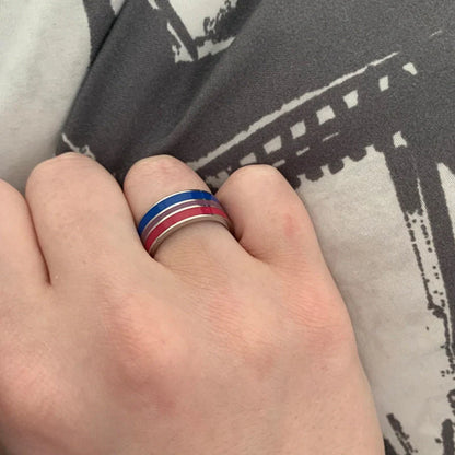 Stylish bisexual pride stainless steel ring with a bold, geometric design in vibrant colours