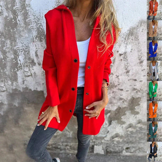 A stylish hooded cardigan jacket in various colors, featuring a single-breasted design and adjustable hood for versatile fashion.