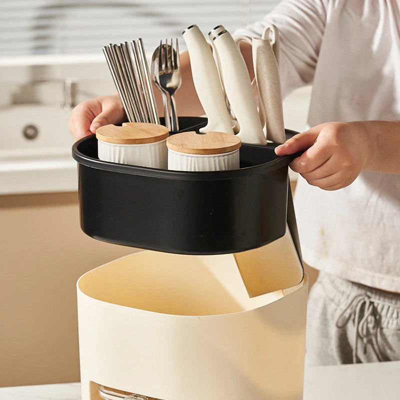 Rotating multipurpose kitchen storage organizer with four compartments for spices, utensils, and other cooking essentials