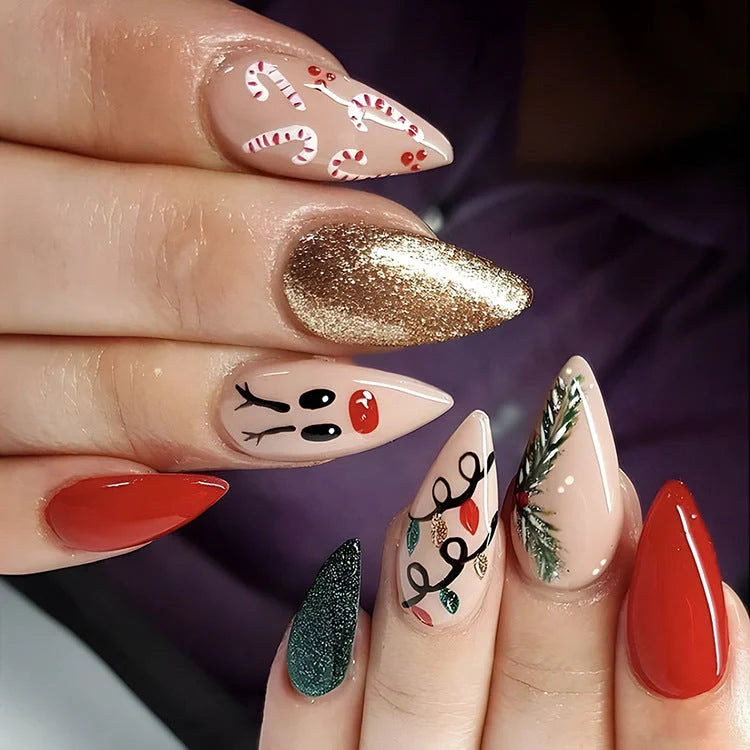 24pcs Christmas false nails with hat striped snowflake design for holiday parties