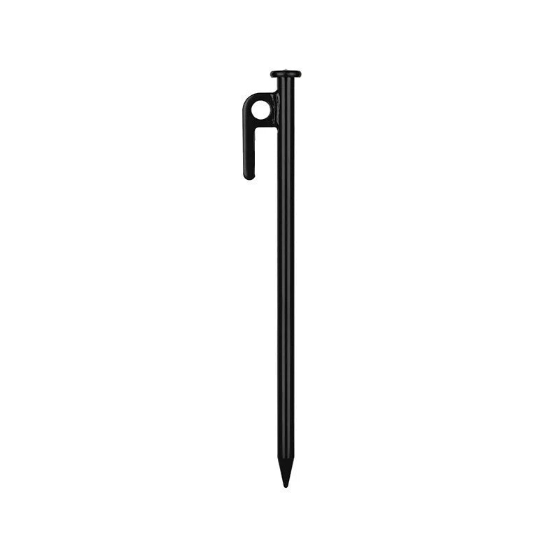 Sturdy black steel camping peg for secure tent pitching, 30cm in length