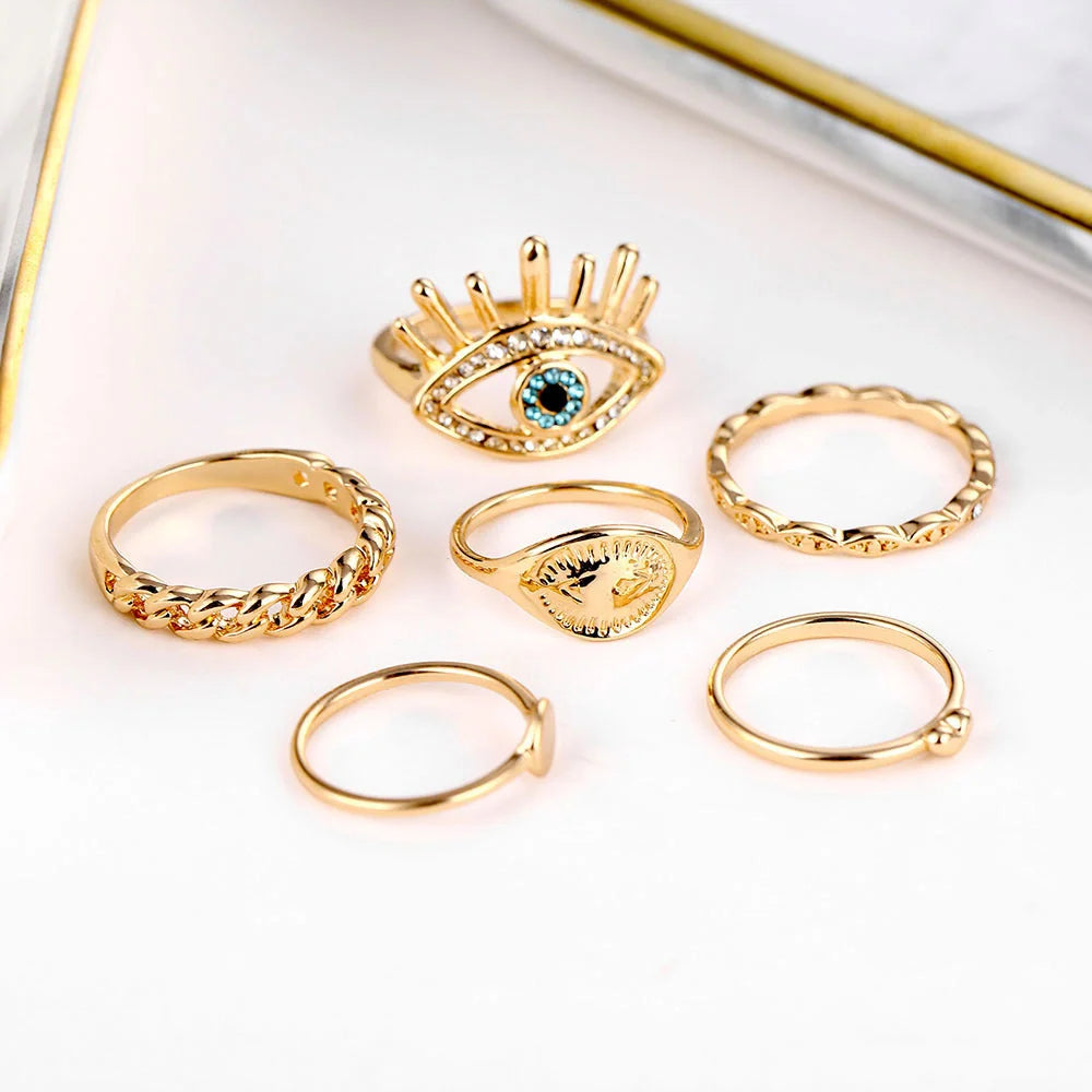 Retro Eye Love Ring Set: 6-Piece Alloy and Crystal Collection