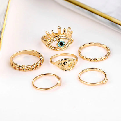 Retro Eye Love Ring Set: 6-Piece Alloy and Crystal Collection