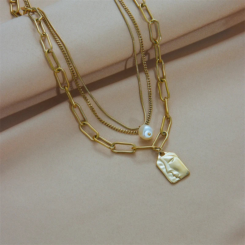 Layered face portrait chain choker necklace set with pearls for women
