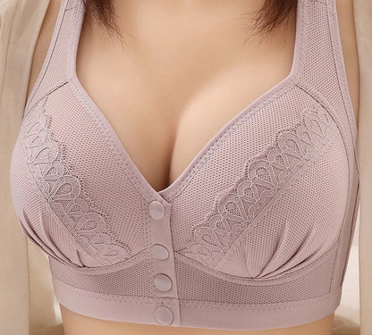 Vest style bra with thin front and open button design in various colours