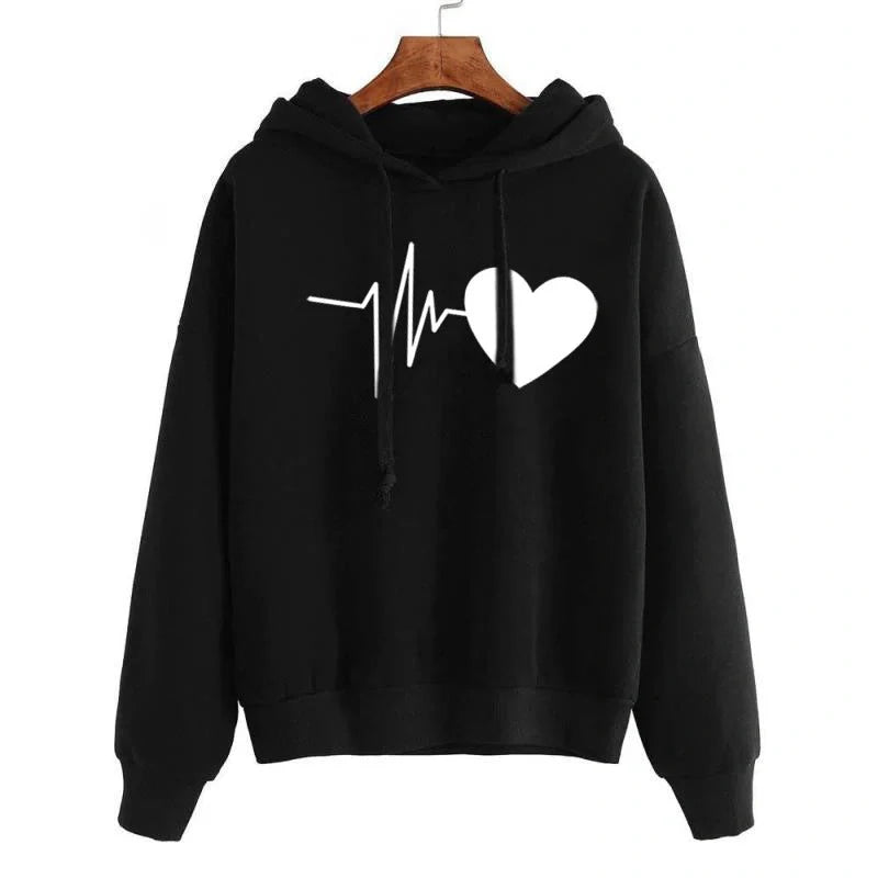 Women's heart print streetwear hoodie in various colours and sizes