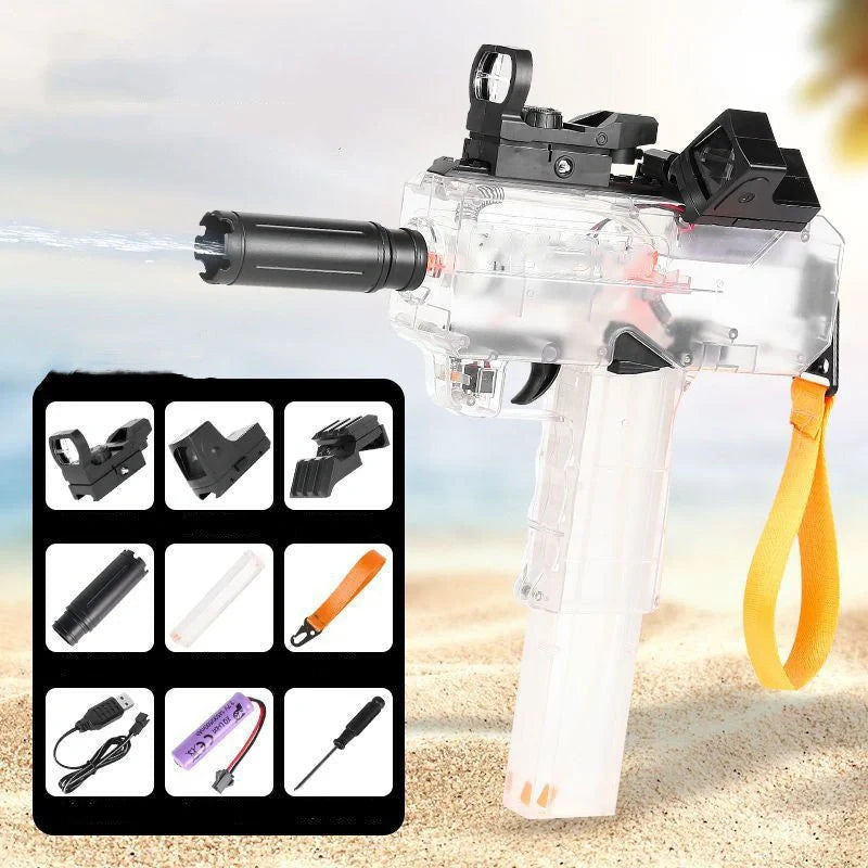 Uzi Electric Burst Water Gun with rechargeable battery and transparent design