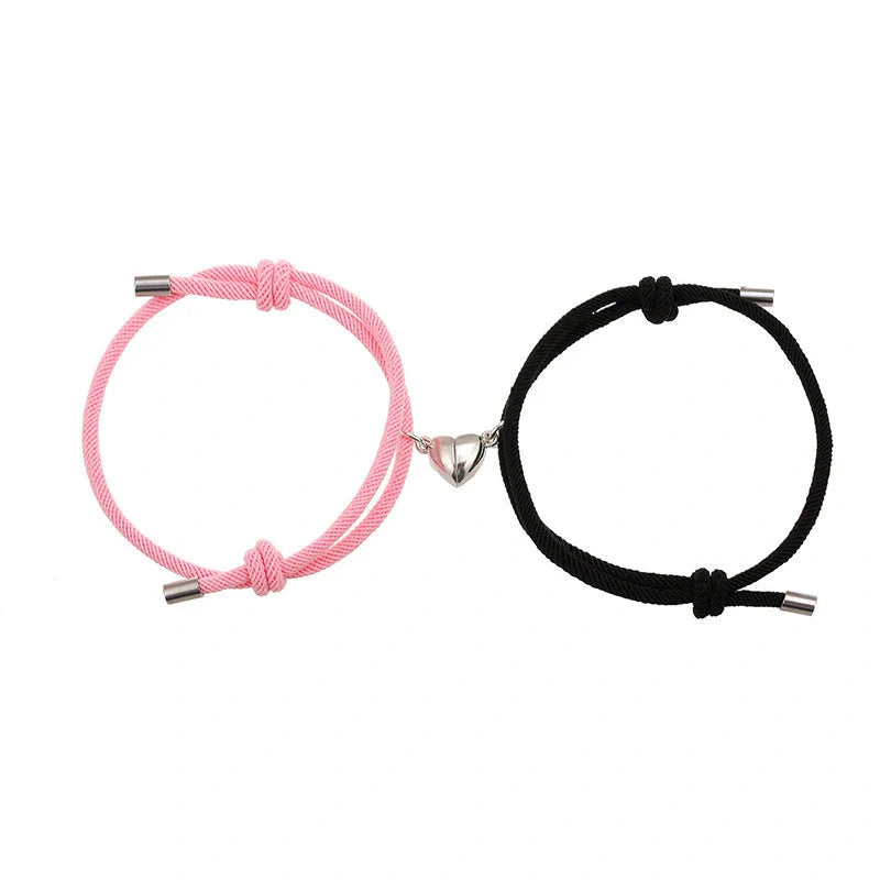Adjustable nylon love magnetic bracelet with sticky metal heads in various colours