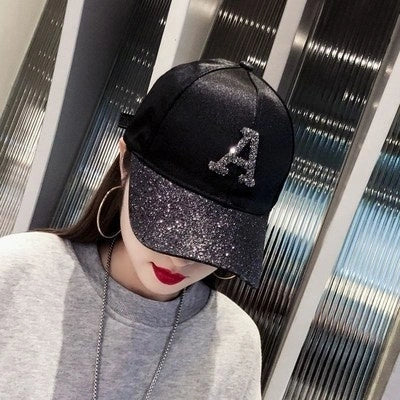 Women's baseball cap with sequined letters and satin labels in various colours
