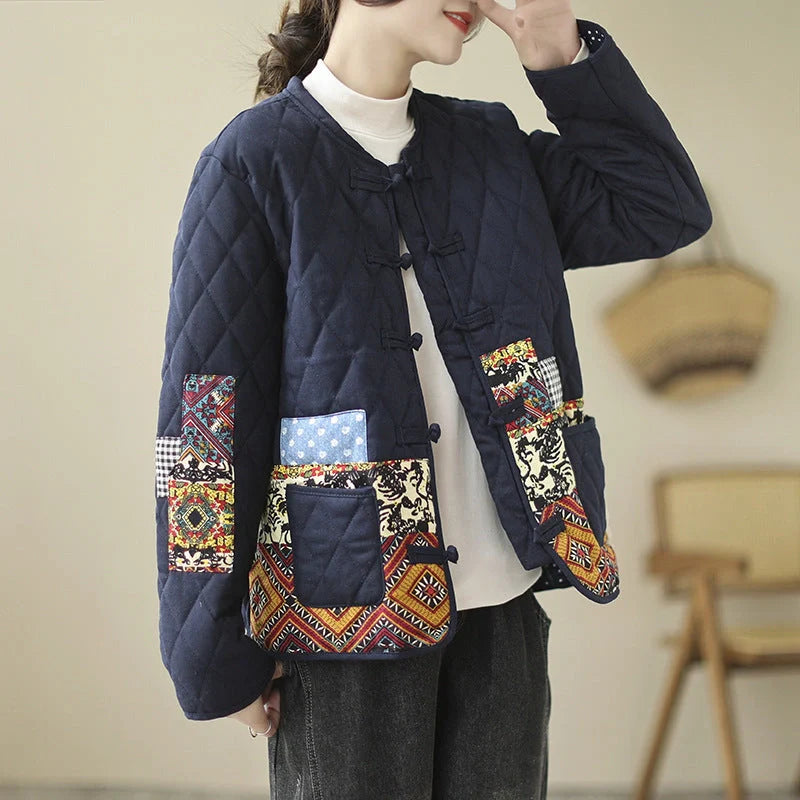 Vintage patch cardigan with rhombus pattern and buckle details in yellow and blue