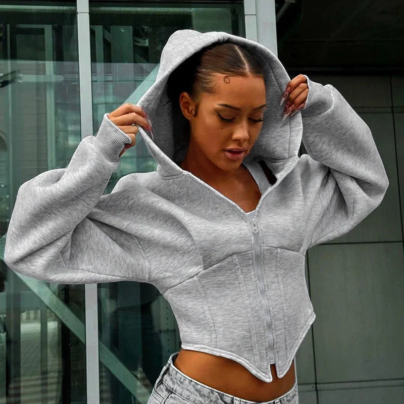 Slim-fit zipper hoodie cardigan for women in grey and white