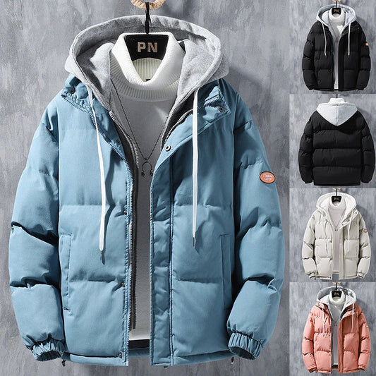 Premium insulated winter jacket for men in various colors, including black, khaki, pink, and blue. The jacket features a hooded design, front zipper closure, and adjustable drawstrings for a customized fit.