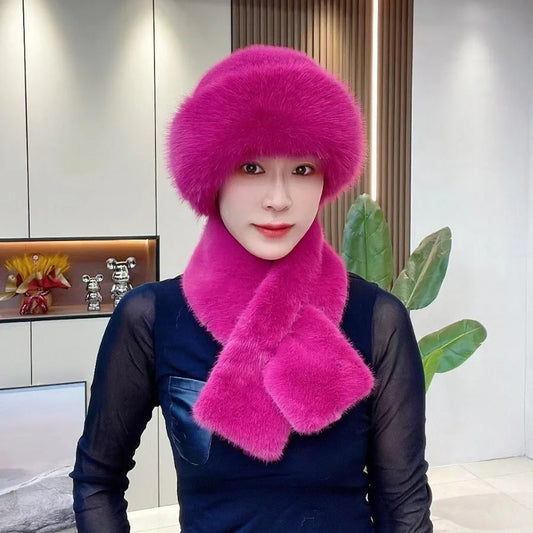 Cosy Mongolian-style unisex winter hat and scarf set in various colours, including black, white, beige, brown, pink, violet, grey, and red