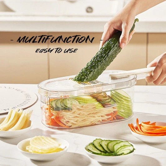 Versatile vegetable chopper with various blades, basket, and cleaning brush - efficient tool for slicing, dicing, shredding, and more